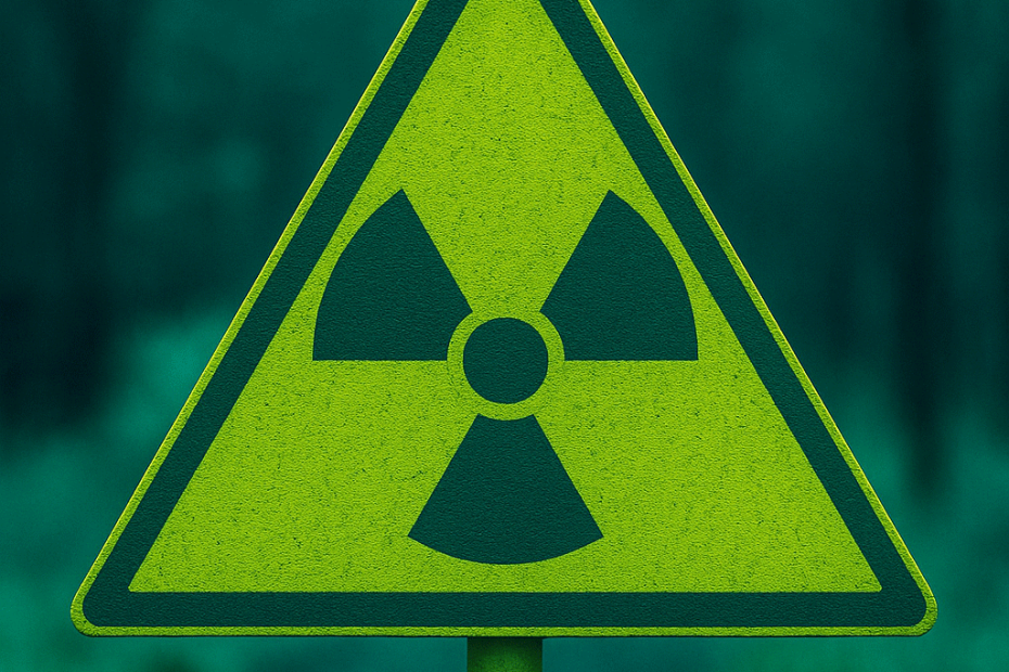 Znak upozorenja na radioaktivnost u nijansama plavo-zelene boje, simbol trokrake opasnosti na zelenkastoj pozadini.