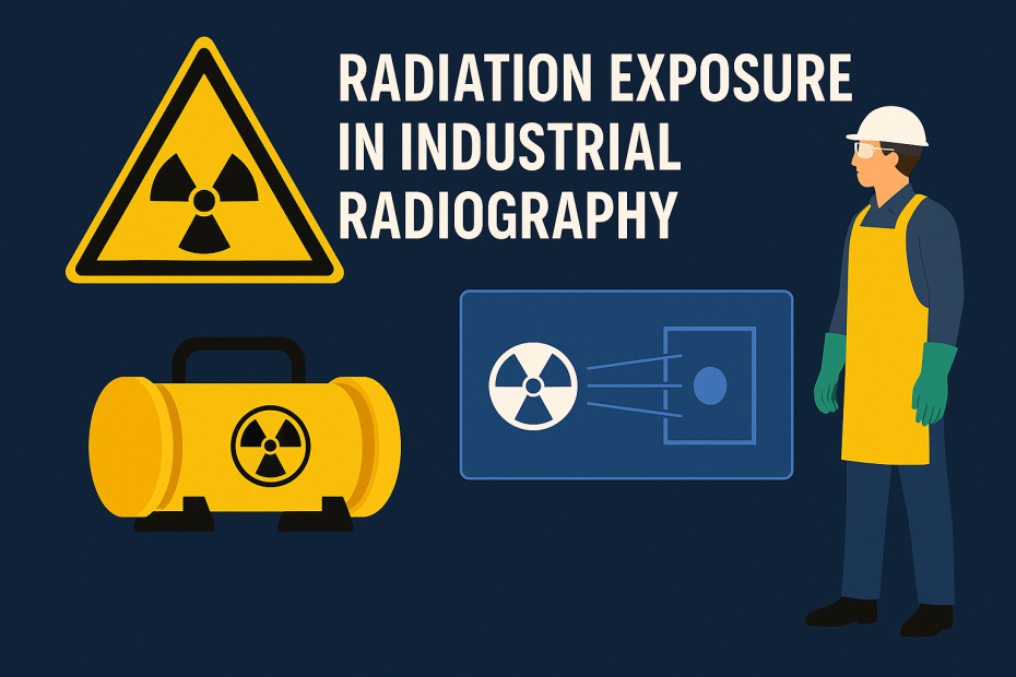 Radiation safety in industrial radiography – illustration showing a worker, radioactive source, and radiation symbol