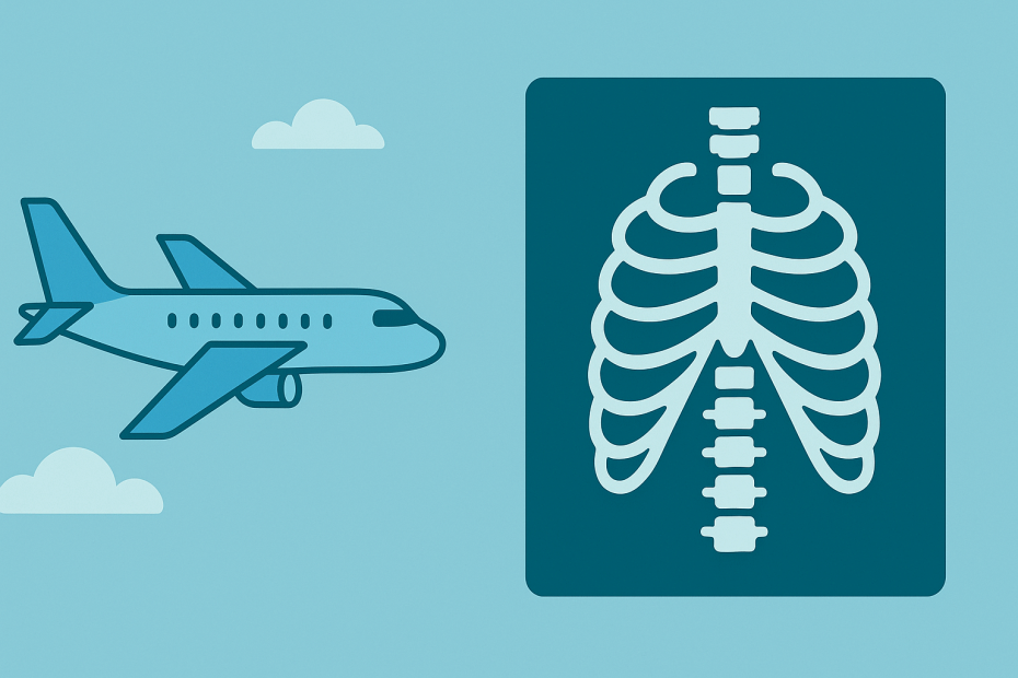 Ilustracija koja uspoređuje avion u letu i rendgensku sliku prsnog koša, simbolizirajući razliku u izloženosti zračenju tijekom leta avionom i medicinskih pregleda.