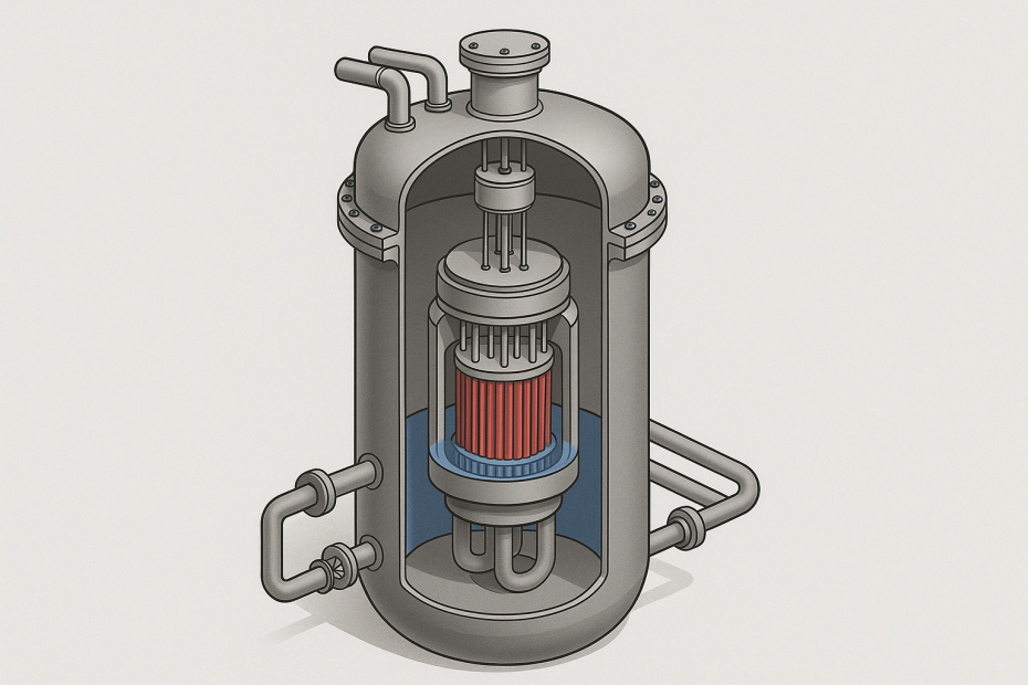 Technical illustration of a small modular reactor showing the internal structure, fuel assembly and coolant region