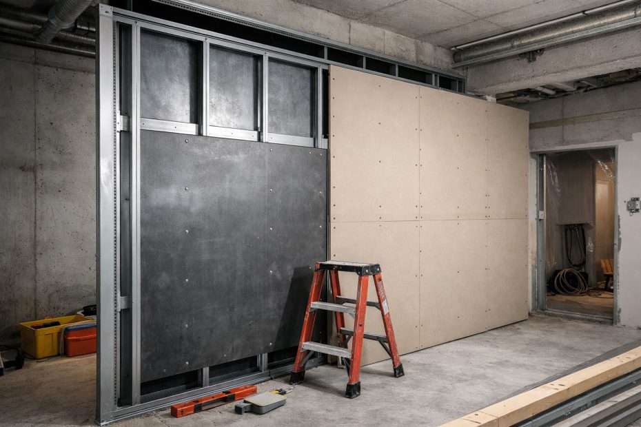 Construction of a radiation shielding barrier in an X-ray room with visible lead and gypsum board layers