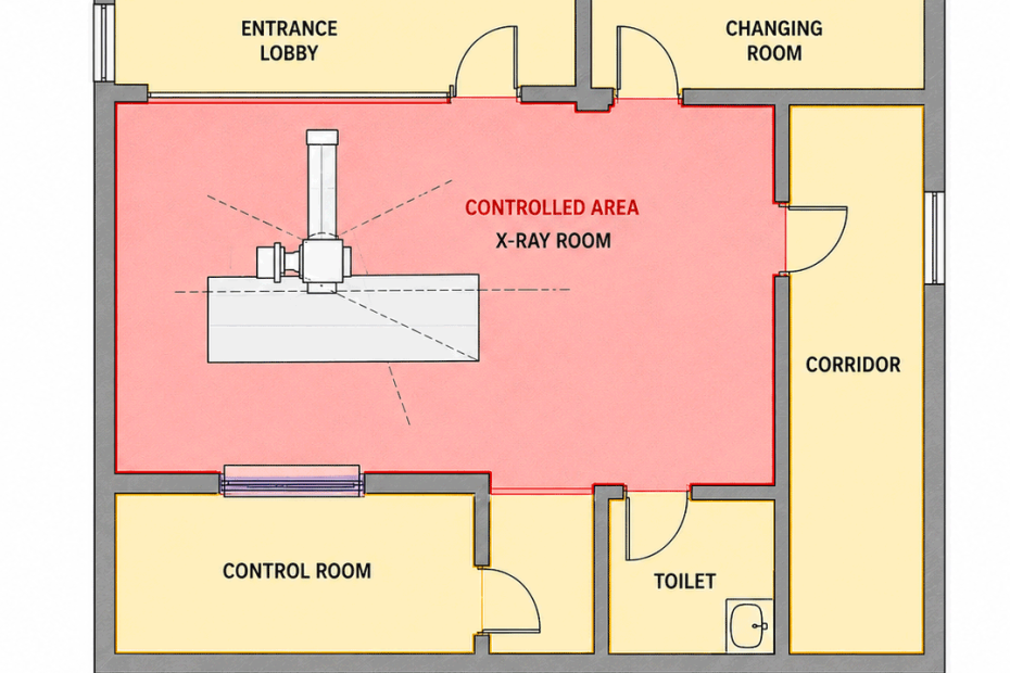 Floor plan of an X-ray facility showing controlled and supervised areas with basic radiation protection measures.